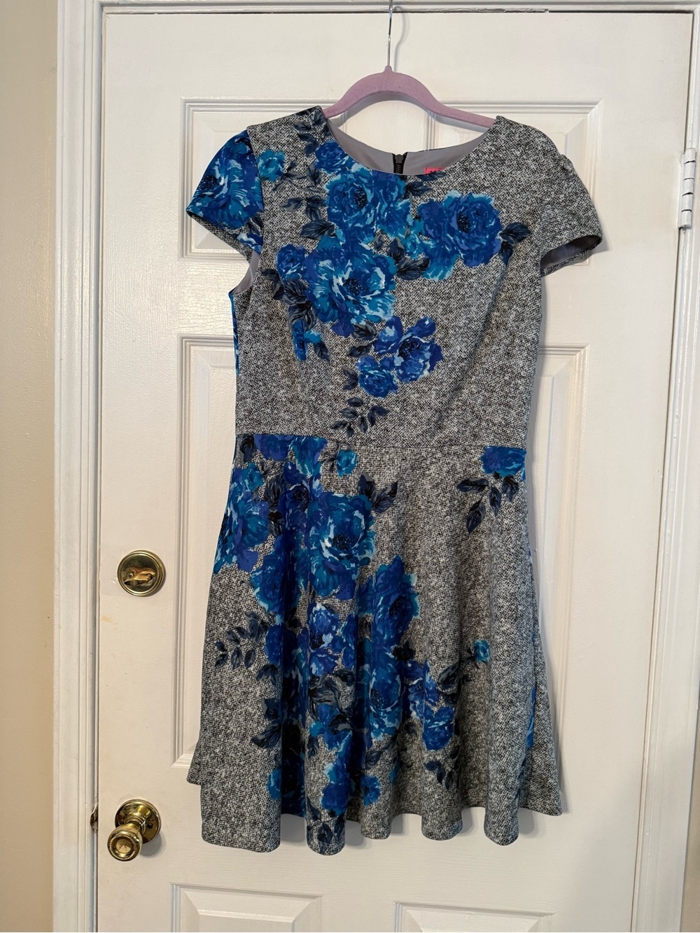 Betsey Johnson Gray Dress with Blue Floral Accents